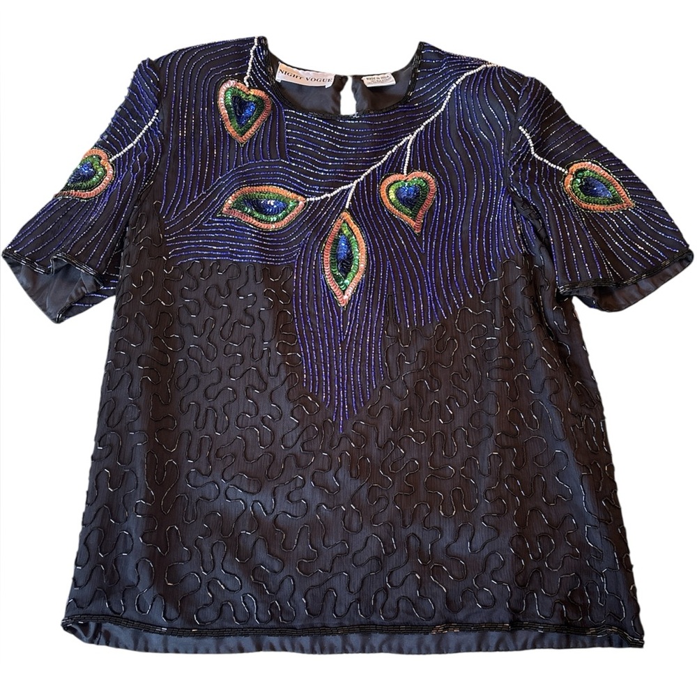 Night Vogue Vintage Glam 80’s Silk Sequin Beaded Peacock Embellished Blouse L